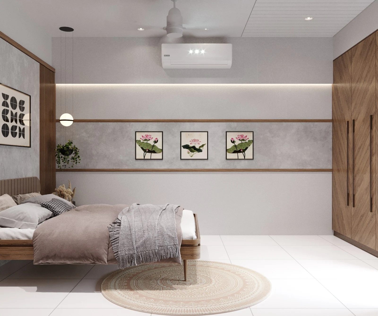 Minimal Bedroom Interior Design with Wooden Wardrobe