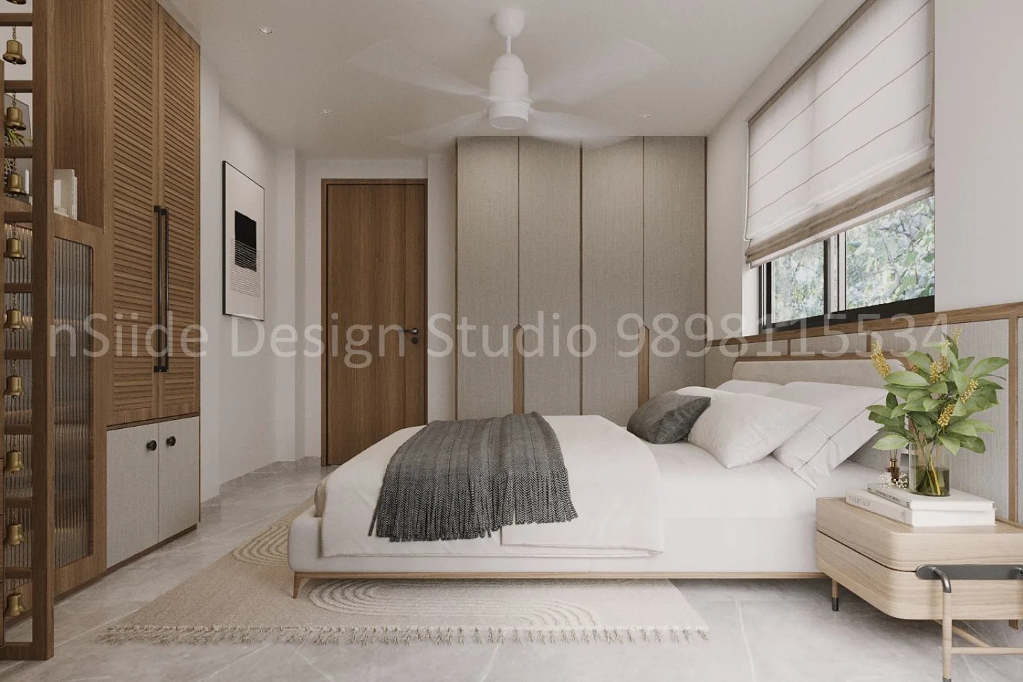 A modern bedroom featuring soft LED strip lighting, a calm neutral color palette, layered textures and a clean, minimalist layout that creates a warm and balanced ambience.