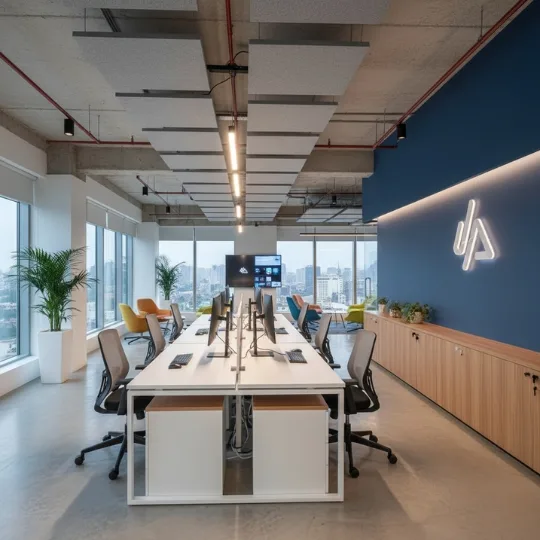 Modern open-plan office interior with long workstations, ergonomic chairs, acoustic ceiling panels, blue feature wall, and city view windows.
