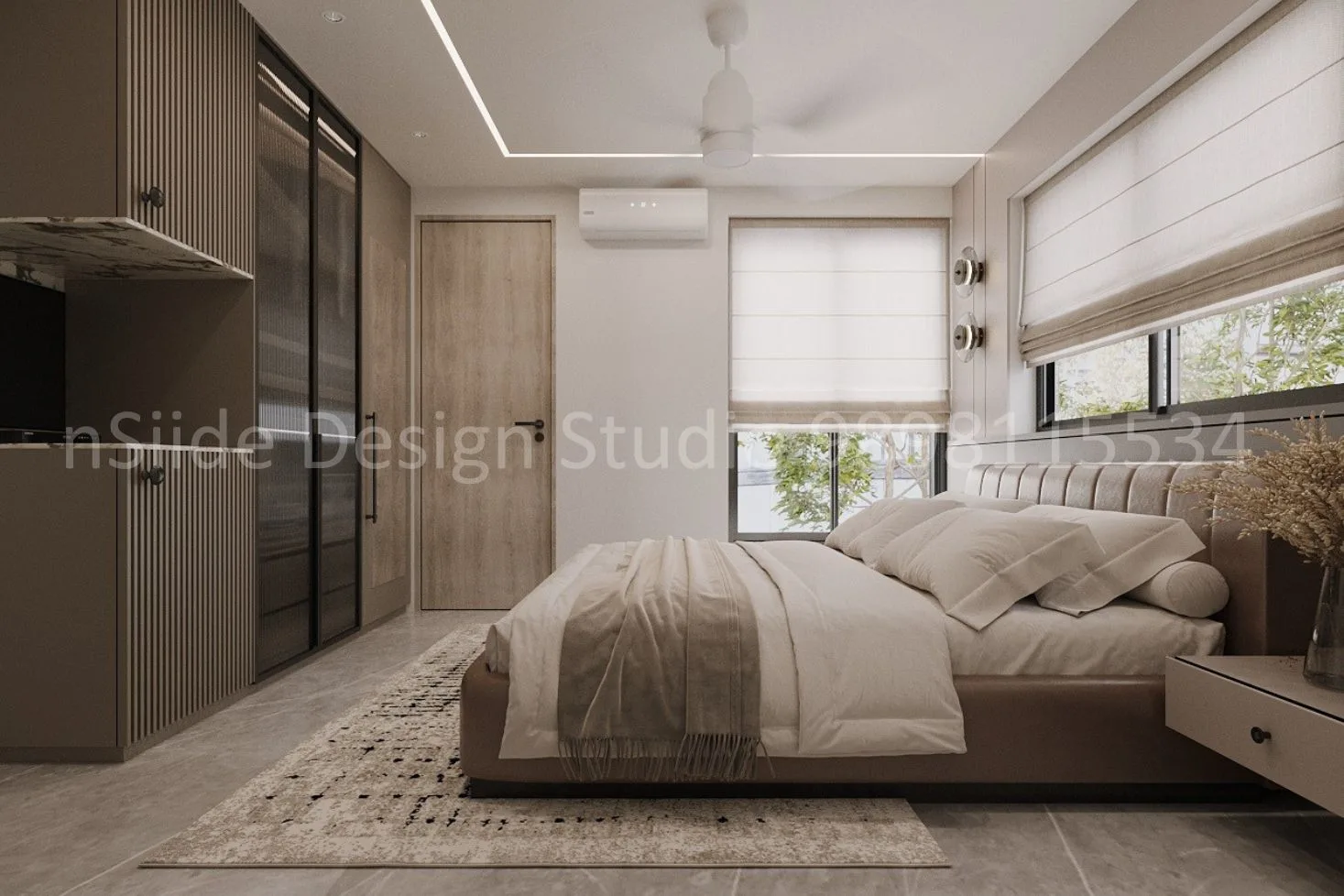 A contemporary bedroom design with a sleek built-in wardrobe, clean lines, warm lighting and a balanced modern decor layout.
