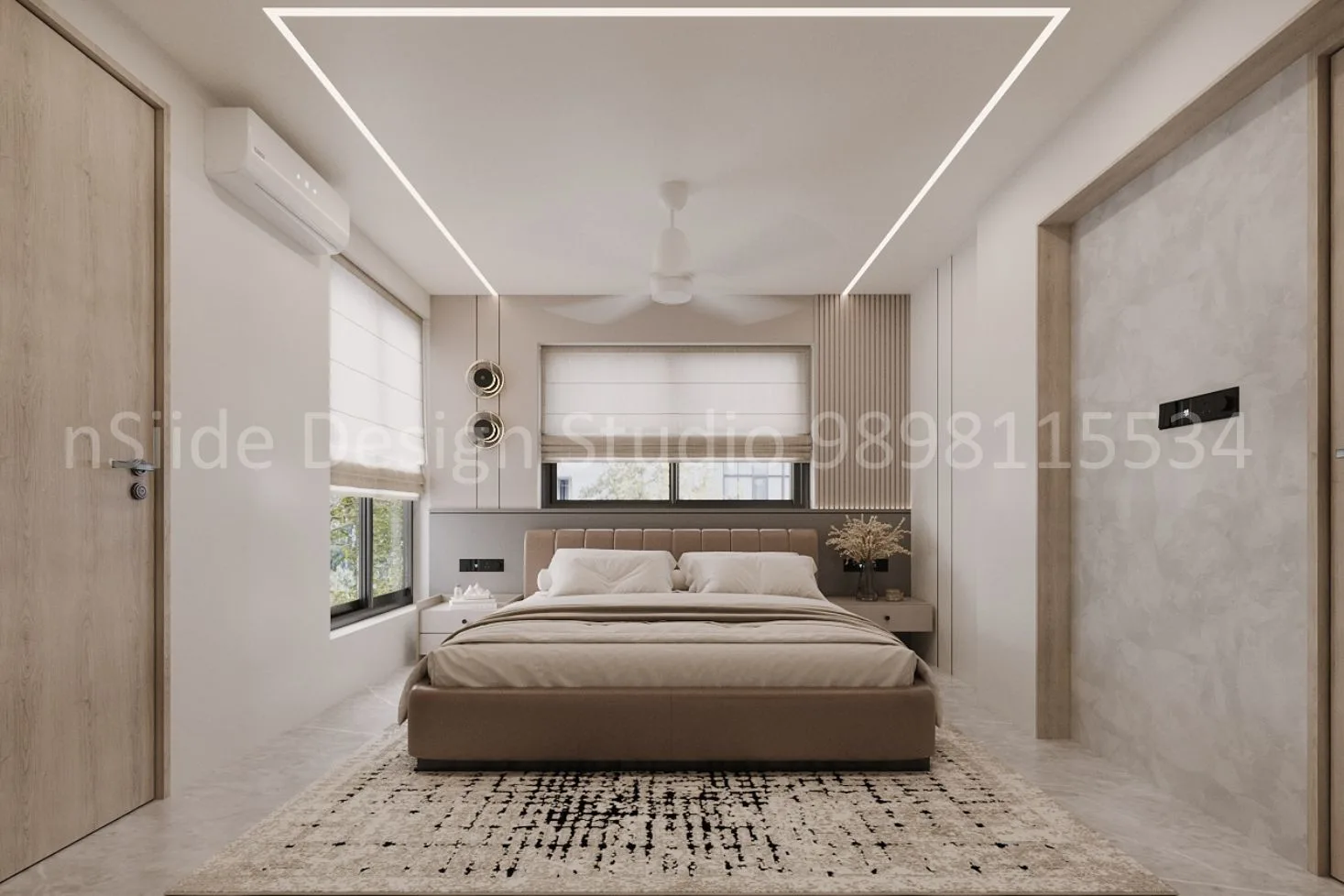 An elegant entryway featuring a slim console table, sculptural decor pieces and circular wall lights that create a soft, inviting glow along the corridor.