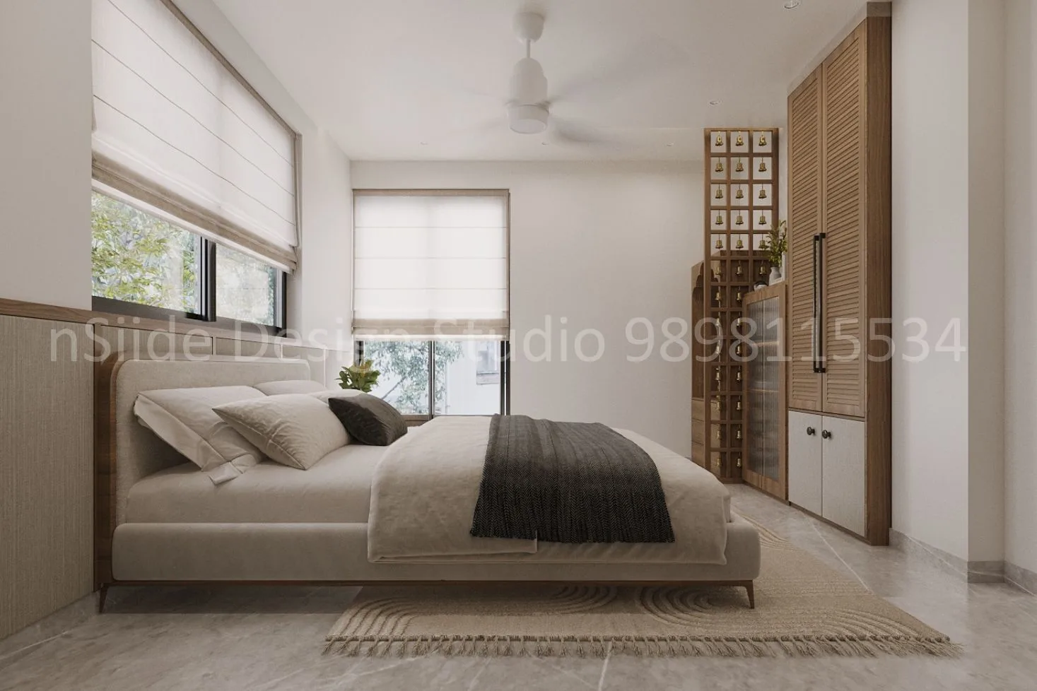 A luxury bedroom interior featuring soft neutral tones, a custom wooden wardrobe, layered textures and warm lighting that creates an elegant, calming atmosphere.