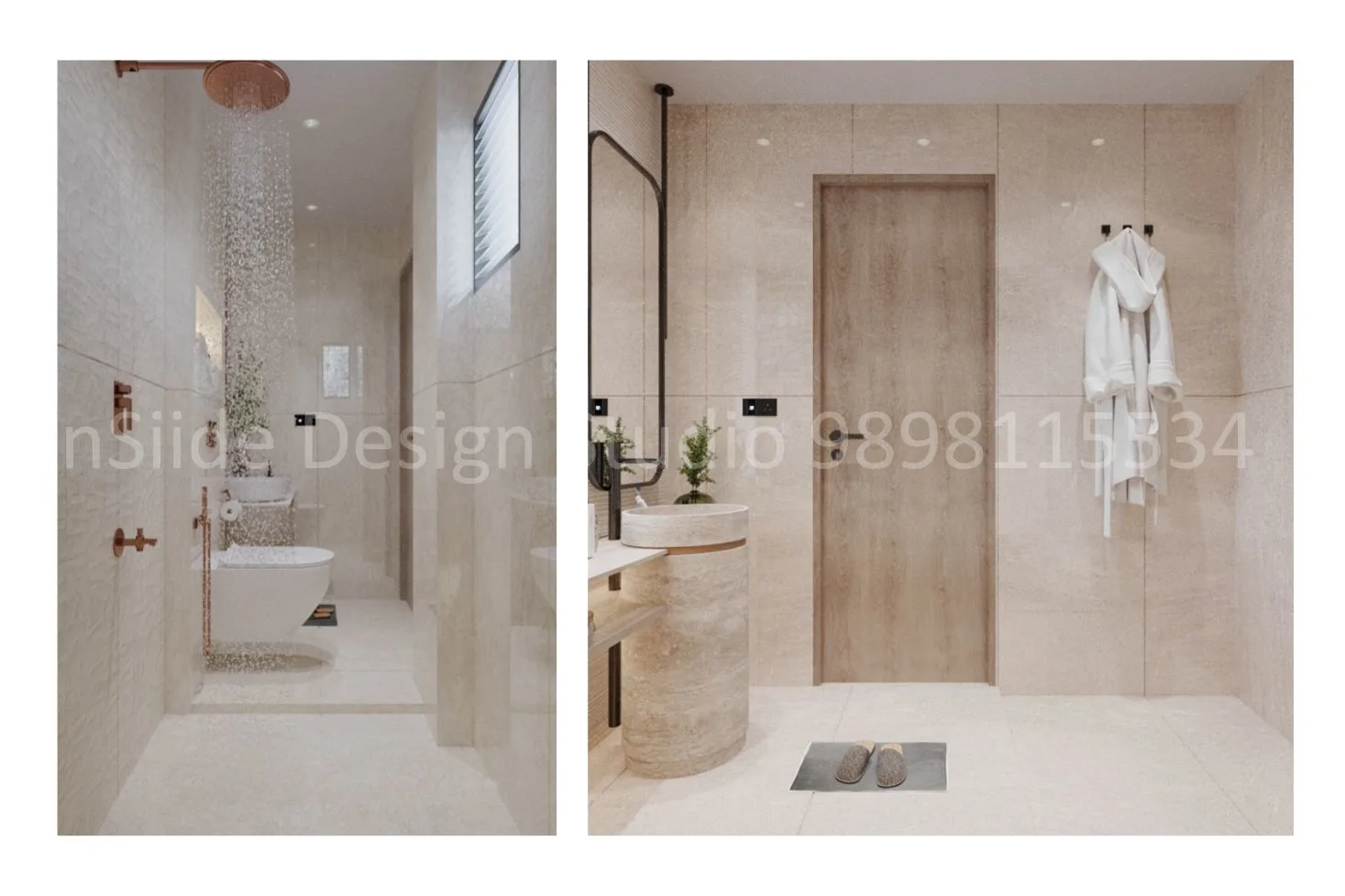 A minimalist bathroom with warm beige tiles, a sleek rain shower, subtle lighting and clean modern finishes that create a calm, spa-like environment.