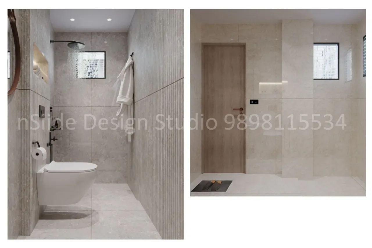 Modern Bathroom with Grey Textured Walls and Walk-In Shower Design