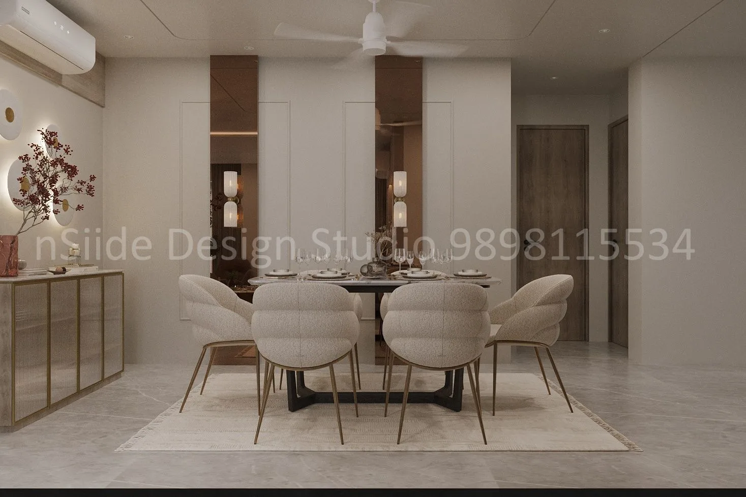 A modern dining room featuring upholstered chairs, a sleek dining table, warm ambient lighting and refined decor elements that create an inviting and elegant dining atmosphere.