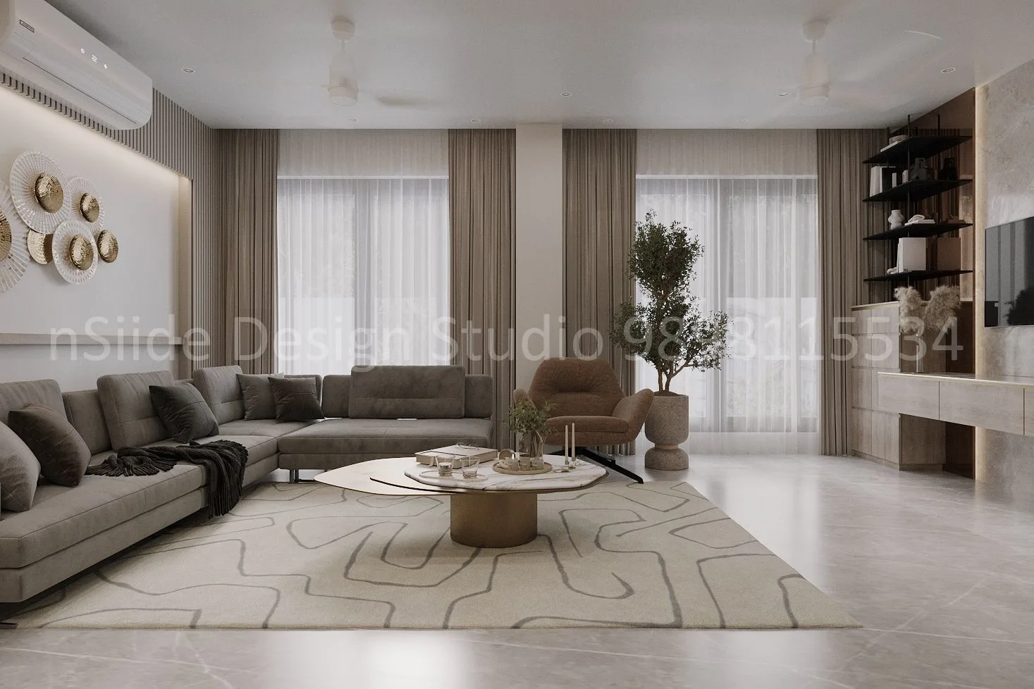 A modern living room designed with neutral tones, an L-shaped sofa, soft lighting and balanced decor that creates a calm and contemporary ambiance.
