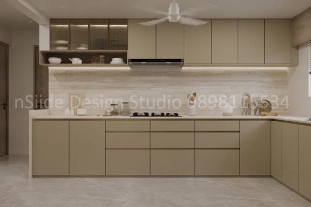A modern modular kitchen with sleek cabinets, clean lines, integrated storage and a refined contemporary layout that enhances functionality and visual clarity.
