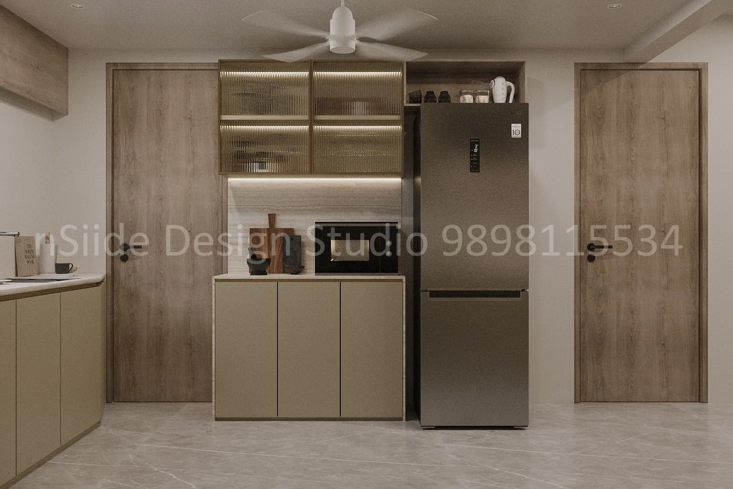 A modern modular kitchen with sleek storage units, a neutral color palette, clean lines and soft lighting that creates a refined and functional contemporary cooking space.