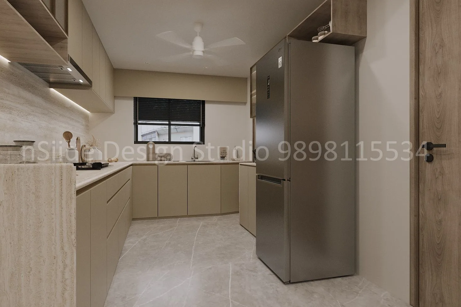 An open kitchen interior that flows seamlessly into a stylish dining area, featuring modern cabinetry, warm lighting and a coordinated layout that enhances the sense of space and comfort.