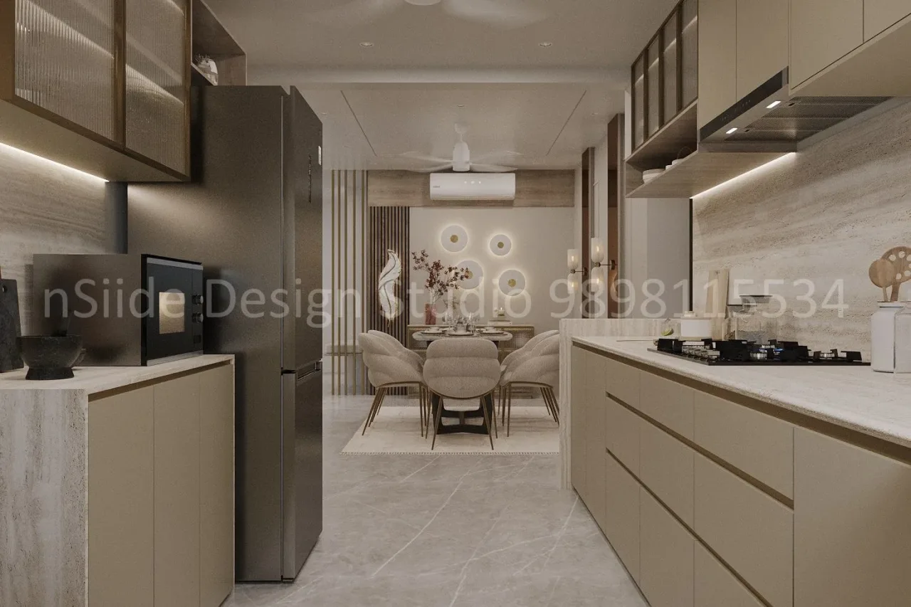 Open Modular Kitchen with Dining Area and Warm Ambient Lighting