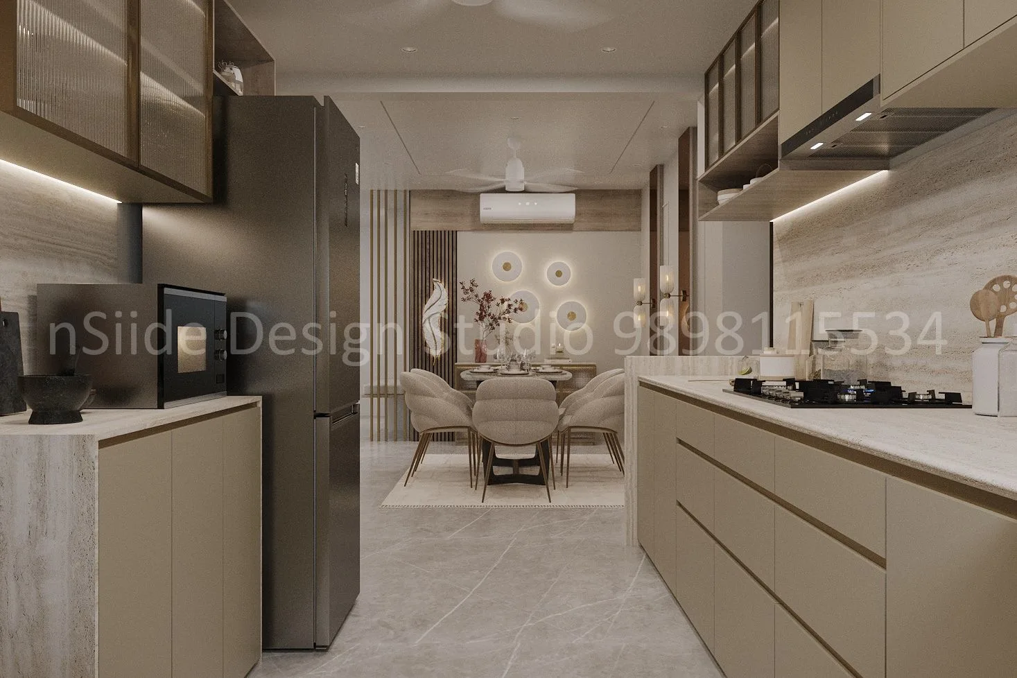 An open modular kitchen connected to a dining area, featuring warm ambient lighting, sleek cabinetry and a cohesive modern layout that creates an inviting, functional space.