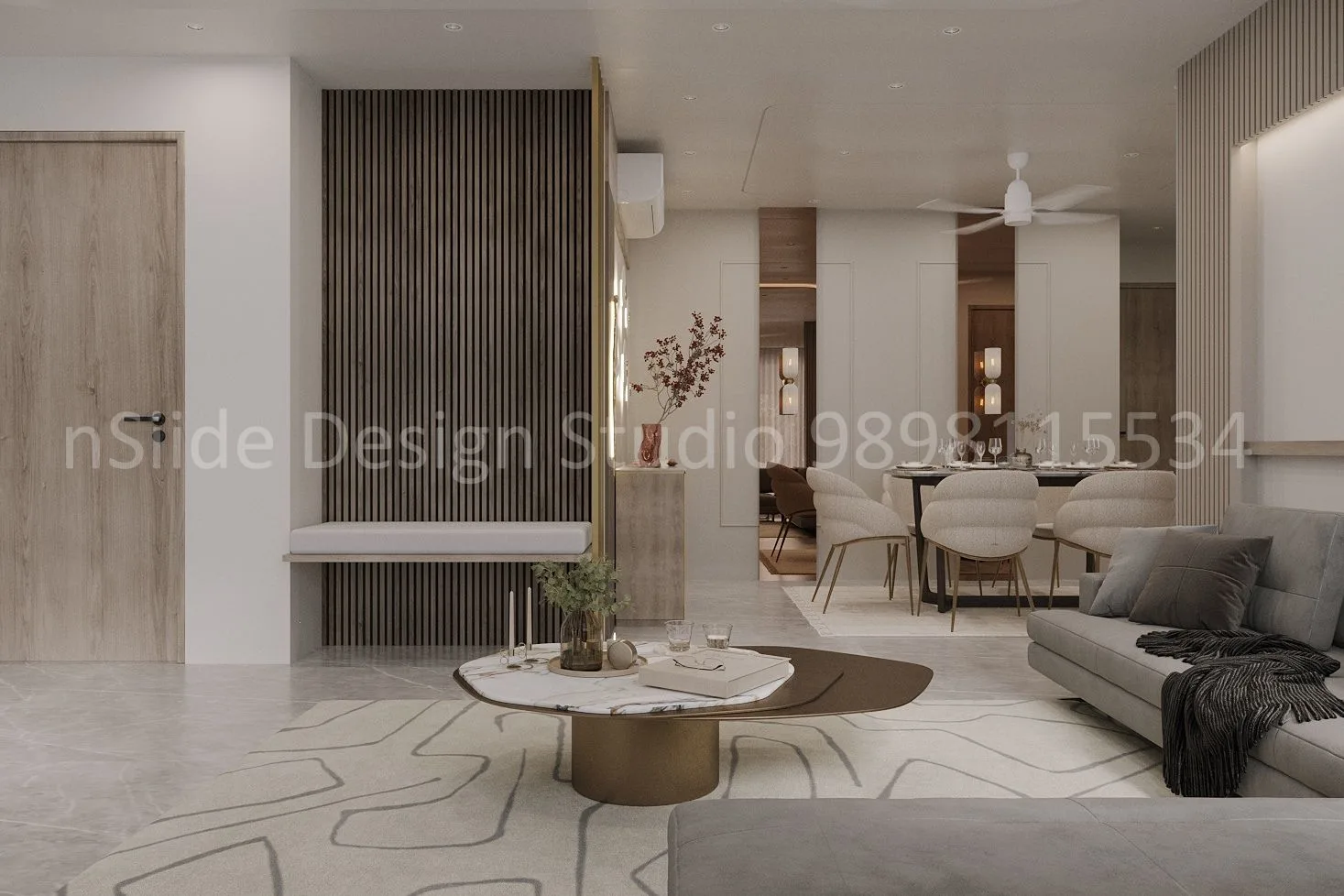 An open-plan living and dining area with a neutral modern aesthetic, featuring clean lines, coordinated furnishings and soft lighting that creates a seamless, spacious atmosphere.