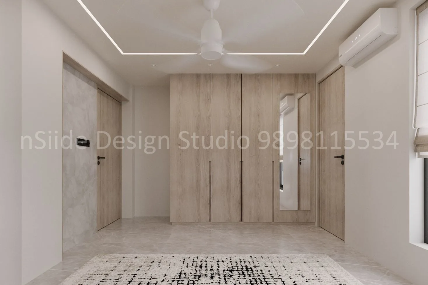 A cozy bedroom with a low platform bed, textured wall panels, warm lighting and a balanced modern layout that adds depth and visual character to the space.