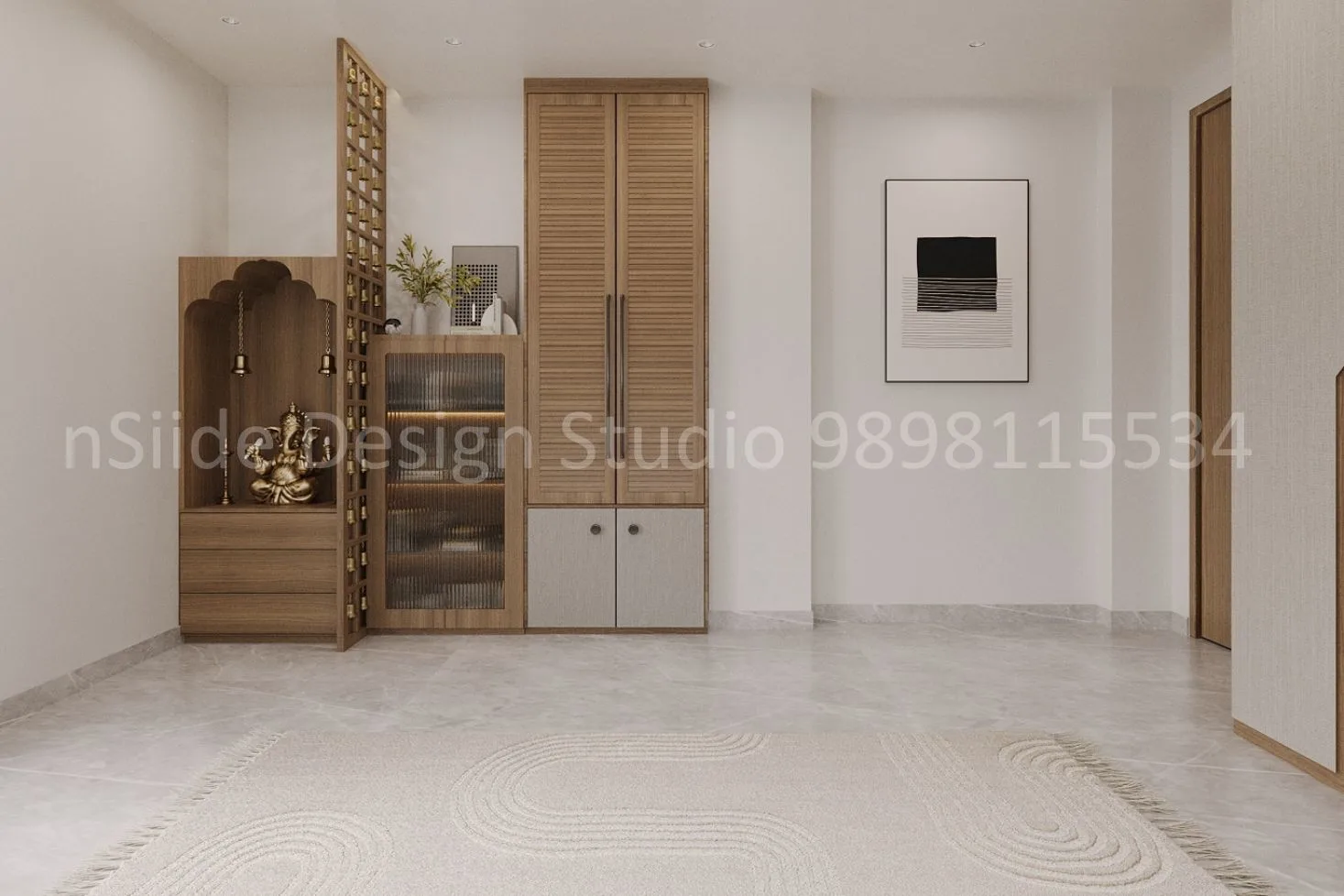 A serene prayer nook featuring a crafted wooden temple, soft ambient lighting and simple decor that creates a peaceful, dedicated space for daily rituals.