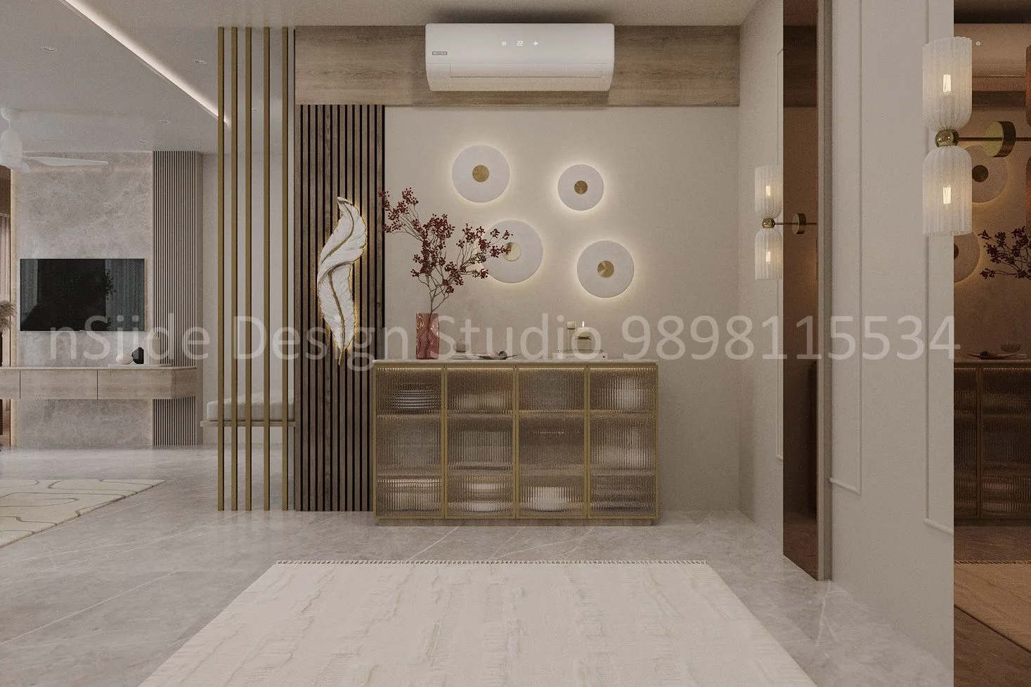 A stylish foyer interior featuring a minimal console unit, backlit wall decor, soft ambient lighting and clean modern detailing that creates an inviting entrance.