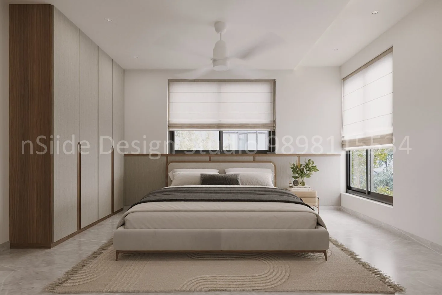 A warm bedroom interior with a wooden headboard, abundant natural light, soft textures and a calm modern design that creates a bright and inviting atmosphere.