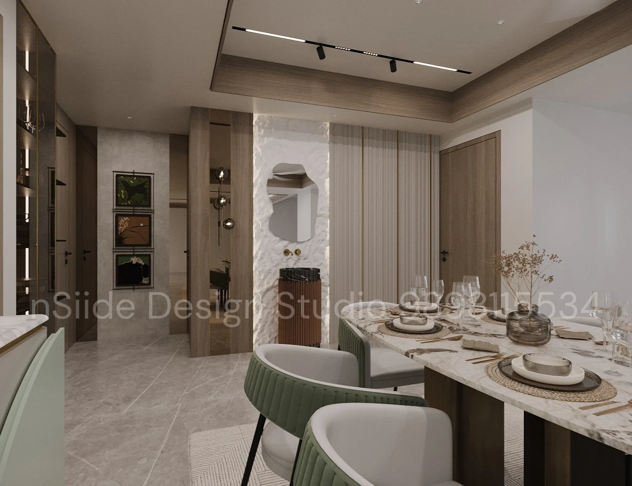 Modern dining area interior design featuring a marble dining table, upholstered green chairs, ambient lighting, and neutral finishes