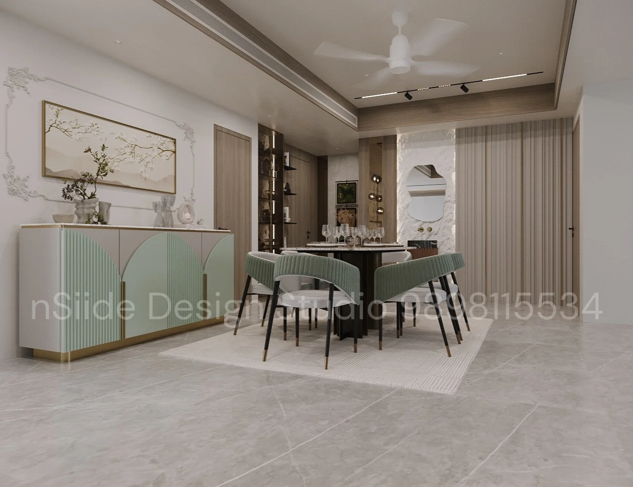 Modern open dining and living interior design with neutral modern aesthetic, custom furniture, layered lighting, and elegant finishes