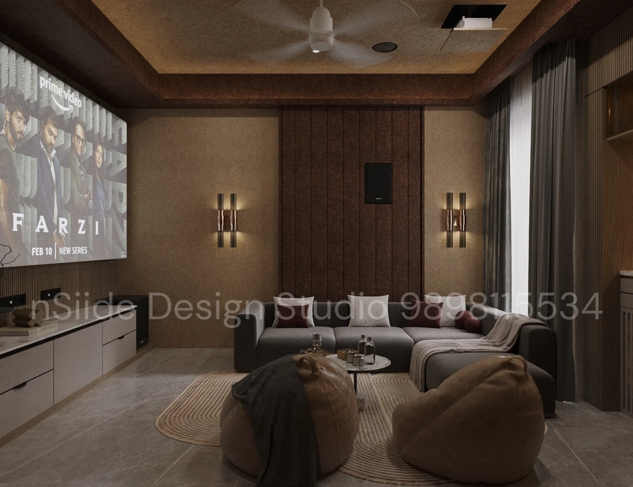 Modern home theatre living room interior with warm ambient lighting, projector screen, plush seating, acoustic wall panels, and cozy neutral tones