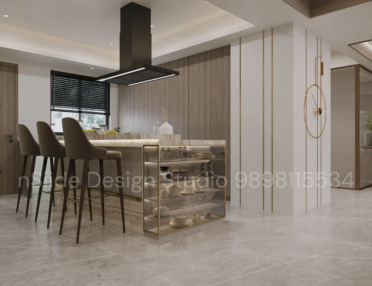 Modern open kitchen interior design with breakfast counter, bar stools, ambient lighting, sleek cabinetry, and neutral modern finishes