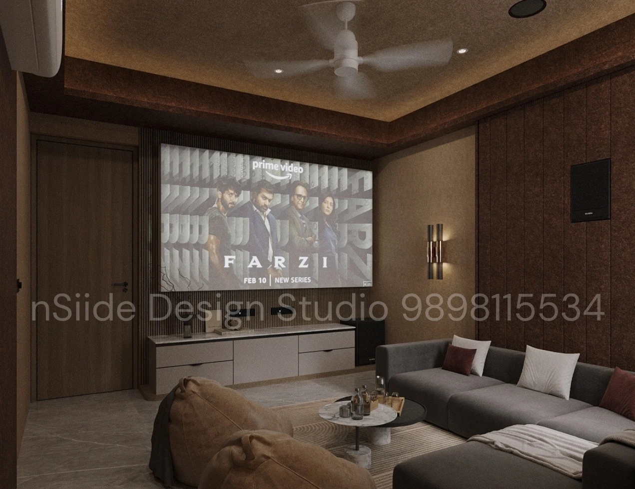 Luxury home theatre living room with projector wall design, sectional sofa, soft lighting, textured walls, and premium entertainment setup