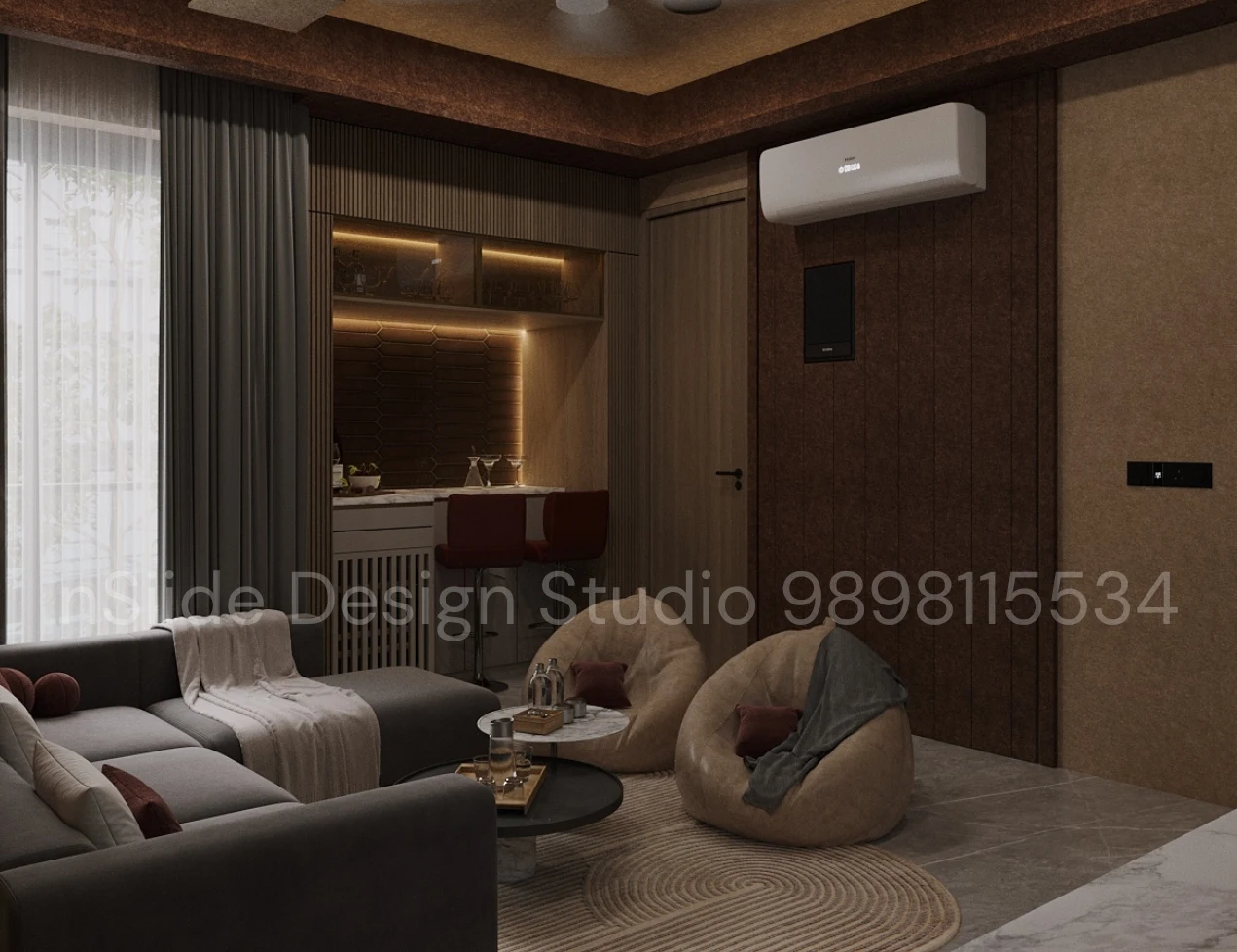 Contemporary living room with lounge seating, warm ambient lighting, wooden wall panels, soft furnishings, and modern comfort-focused design