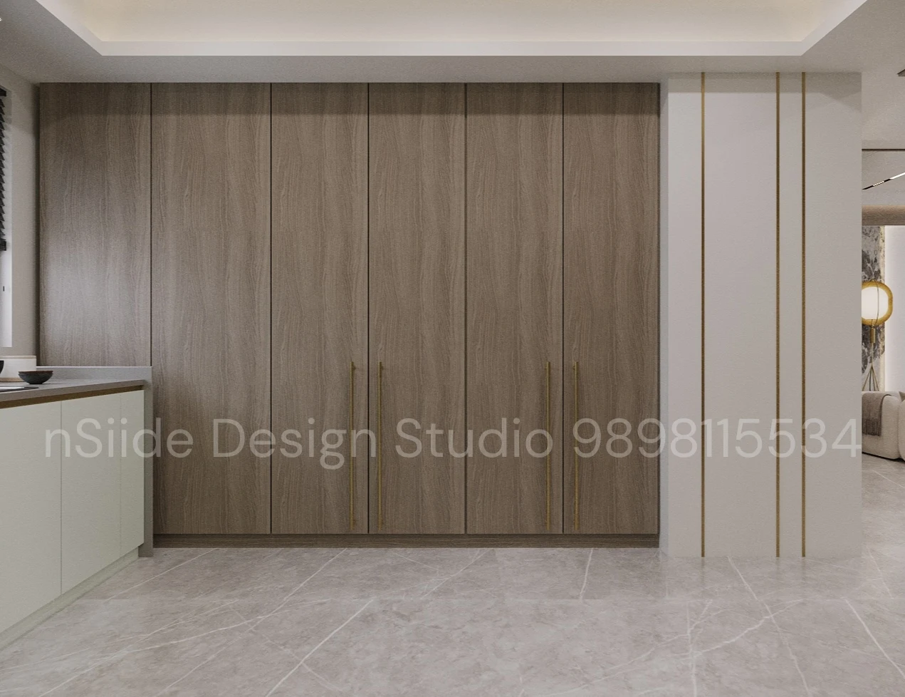 Modern wardrobe design with floor-to-ceiling wooden panels, sleek handles, clean lines, and neutral contemporary interior styling