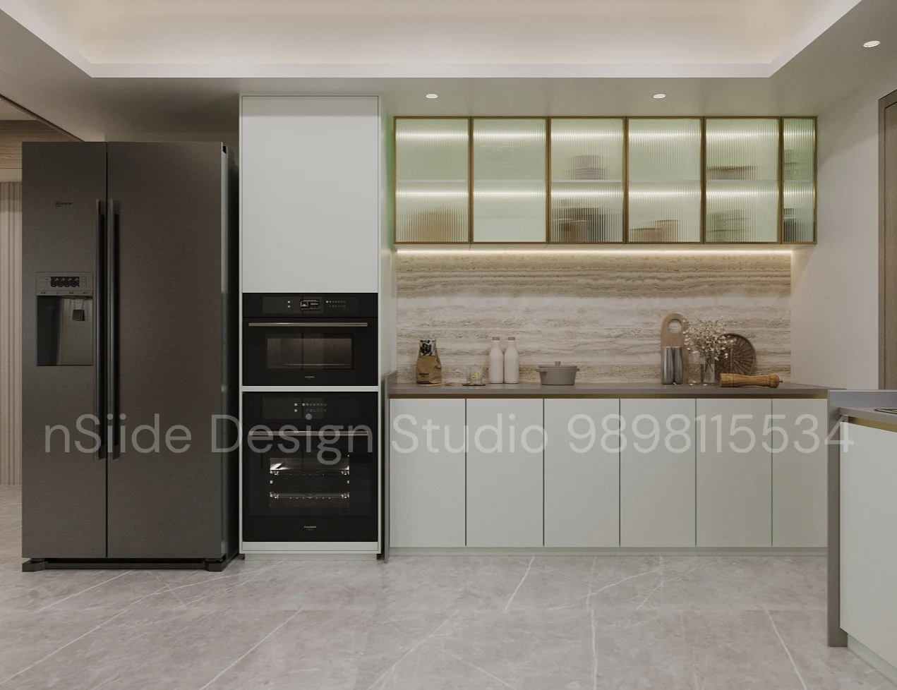 Modern modular kitchen interior with built-in appliances, soft neutral cabinets, textured backsplash, and under-cabinet lighting