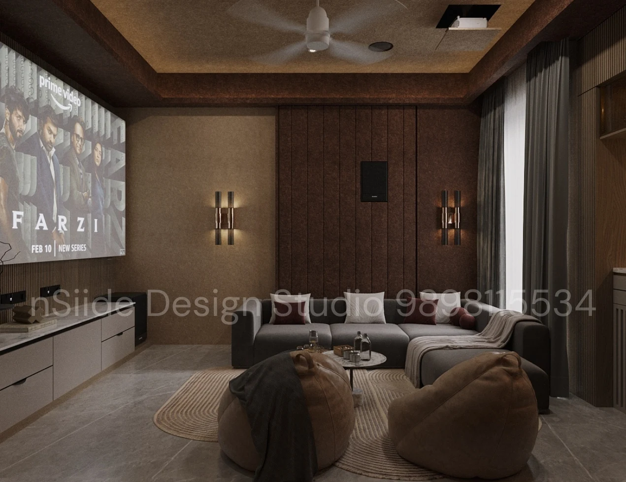 Luxury home theatre living room with plush seating, projector screen, layered lighting, warm tones, and premium entertainment ambiance