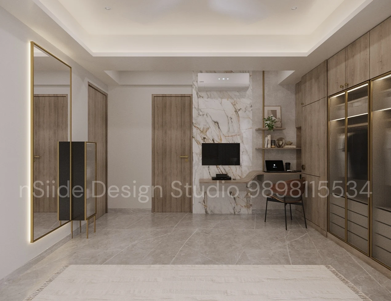 Contemporary bedroom interior design with custom wooden wardrobe, marble accent wall, compact work desk, and soft neutral tones