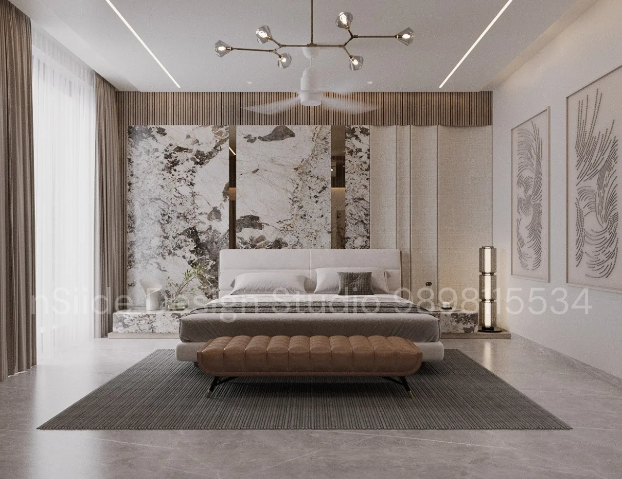 Luxury bedroom interior design with marble accent wall, upholstered bed, modern chandelier lighting, neutral palette, and elegant finishes