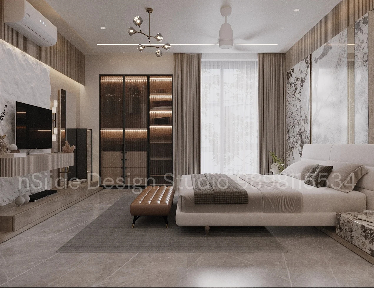 Luxury modern master bedroom interior design featuring marble accent wall, neutral color palette, custom bed, soft lighting, and elegant finishes
