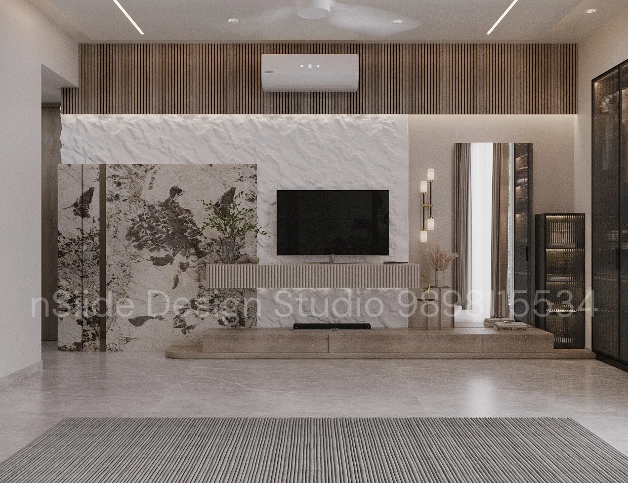 Modern TV unit design with marble feature wall, wooden paneling, floating console, integrated lighting, and contemporary living space styling