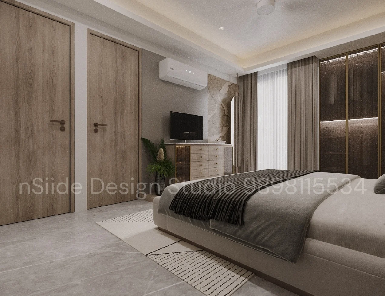Modern bedroom interior design with custom wardrobe, neutral finishes, layered lighting, elegant furniture, and calm contemporary aesthetic