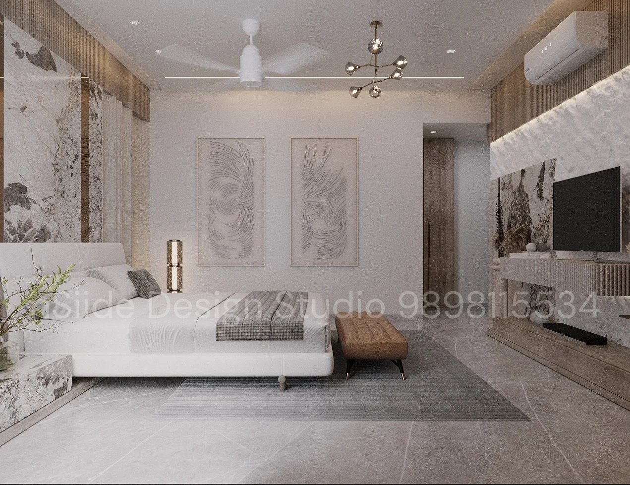 Luxury bedroom interior design showcasing TV wall with marble detailing, wooden textures, soft lighting, and premium modern finishes