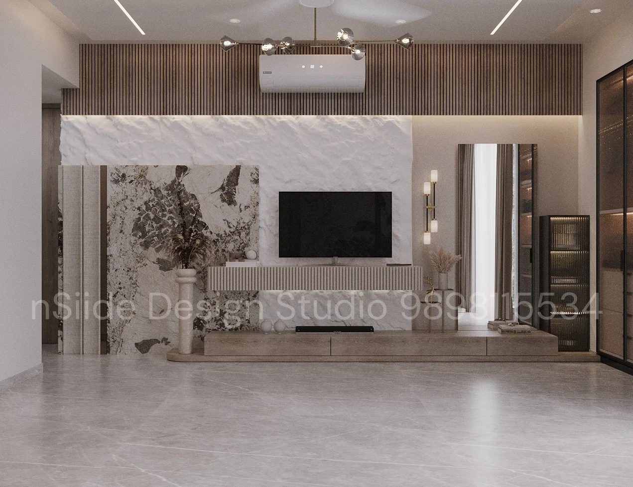 Modern home temple design with marble backdrop, brass pendant lights, decorative idols, greenery, and elegant spiritual corner styling