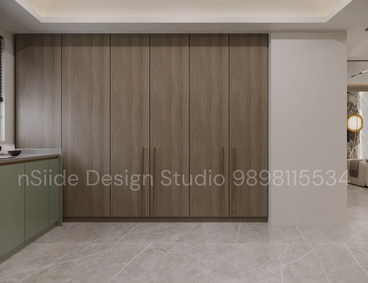 Modern interior transition space showcasing kitchen cabinetry, wooden wardrobe, neutral color palette, clean flooring, and contemporary design details