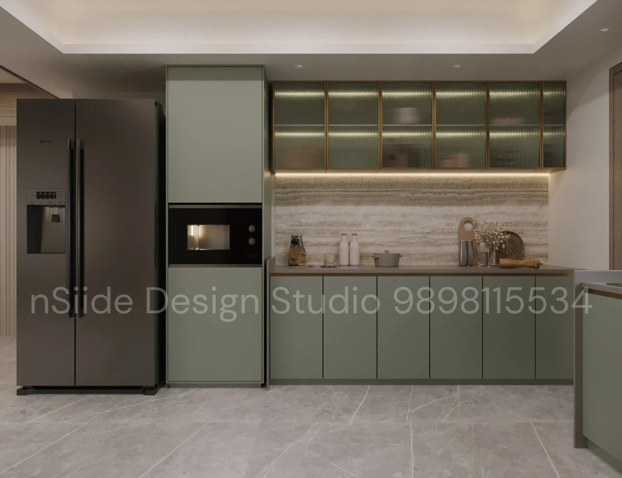 Modern luxury modular kitchen design featuring green matte cabinets, marble backsplash, built-in appliances, and warm ambient lighting
