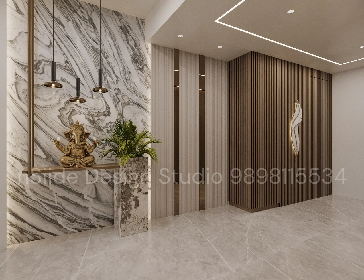 Elegant home mandir design with marble wall cladding, brass hanging lights, wooden slat panels, and modern spiritual decor