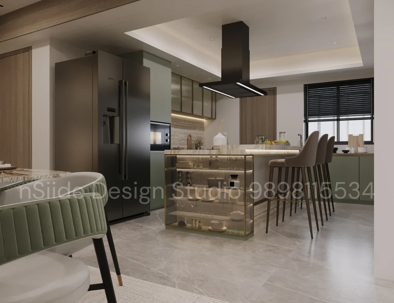 Luxury kitchen island design with bar seating, glass cabinets, soft ambient lighting, and contemporary modular layout