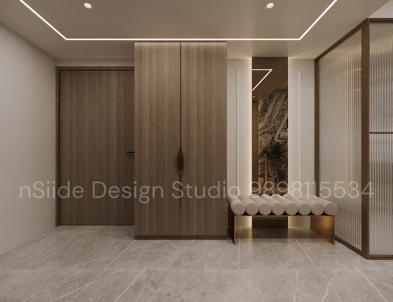 Minimalist entry foyer design with wooden storage units, upholstered bench, concealed lighting, and clean modern aesthetics