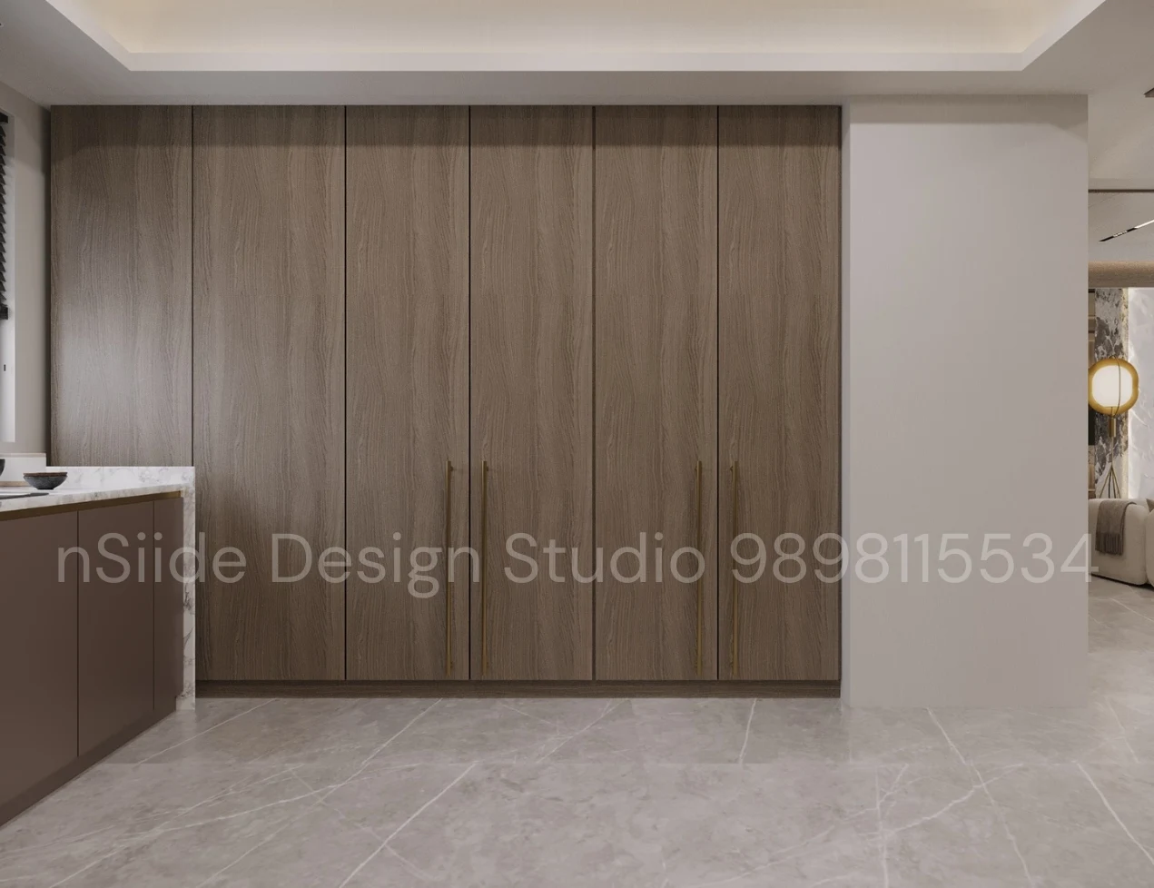 Modern wooden wardrobe design with floor-to-ceiling panels, subtle handles, neutral tones, and sleek contemporary finish