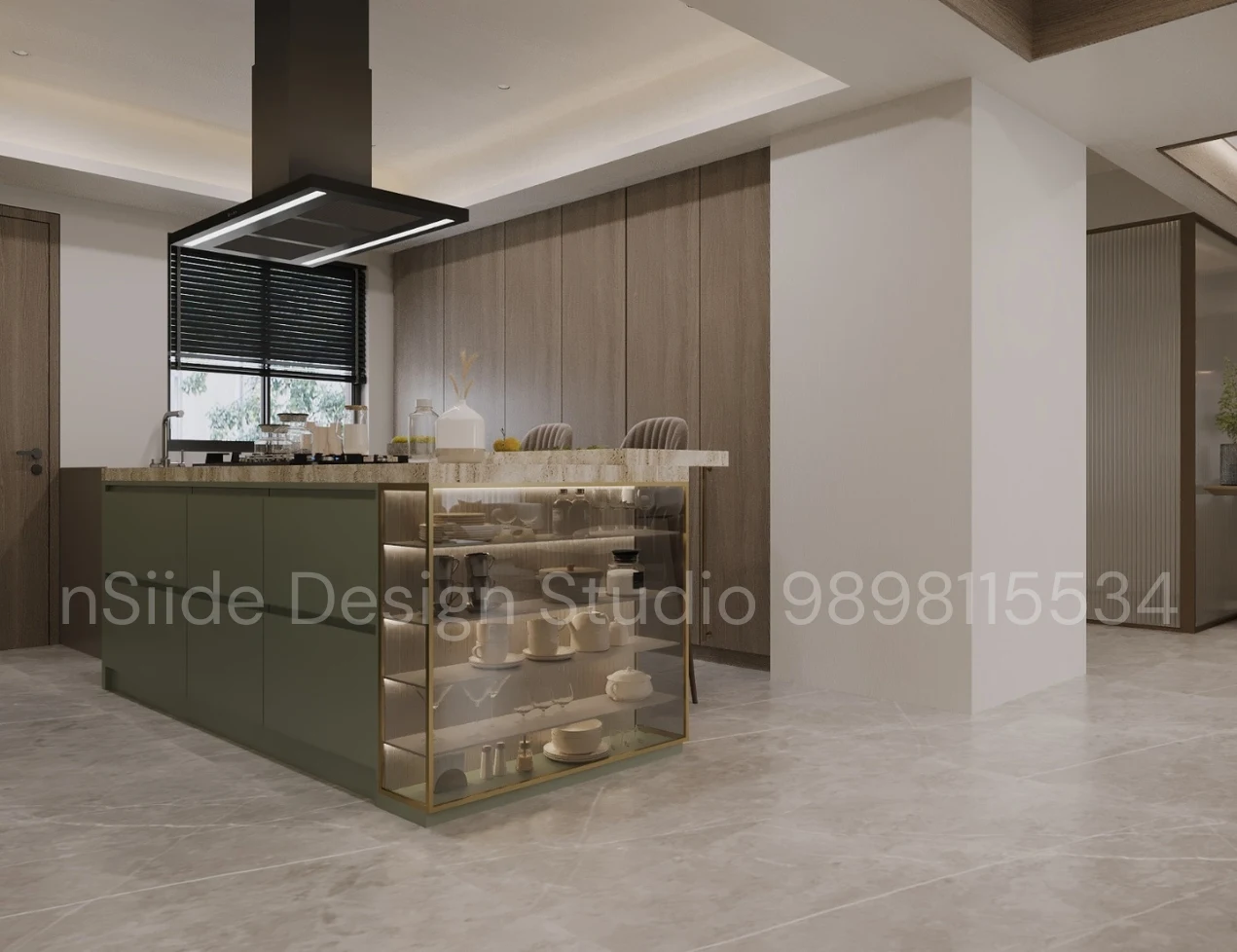Luxury open kitchen design featuring island counter, glass display unit, wooden wall panels, and warm ambient lighting