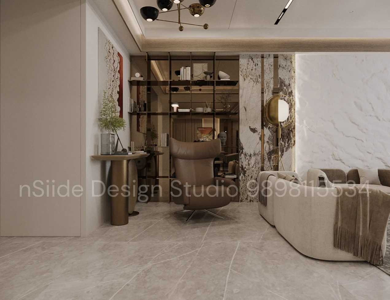 Modern lounge corner with designer accent chair, open display shelving, marble accents, and warm luxury lighting