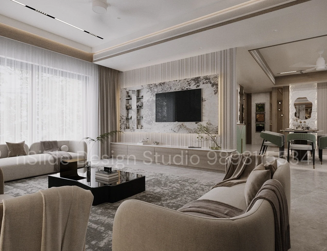 Modern living room interior design featuring a marble TV unit wall, custom cabinetry, soft furnishings, and warm ambient lighting