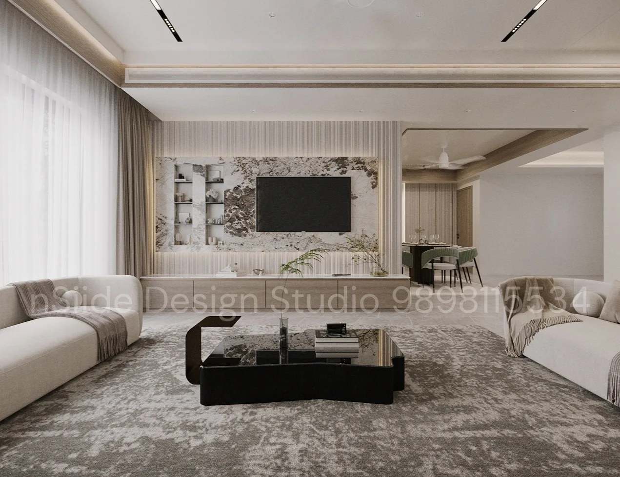 Modern living room interior design with marble TV backdrop, neutral color palette, plush seating, and elegant lighting