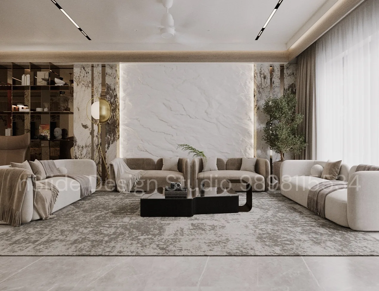 Luxury modern living room interior with marble feature wall, neutral color palette, custom sofa seating, designer rug, and soft ambient lighting
