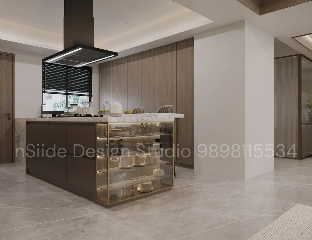 Modern kitchen island design with glass display cabinet, marble countertop, built-in storage, warm lighting, and contemporary finishes