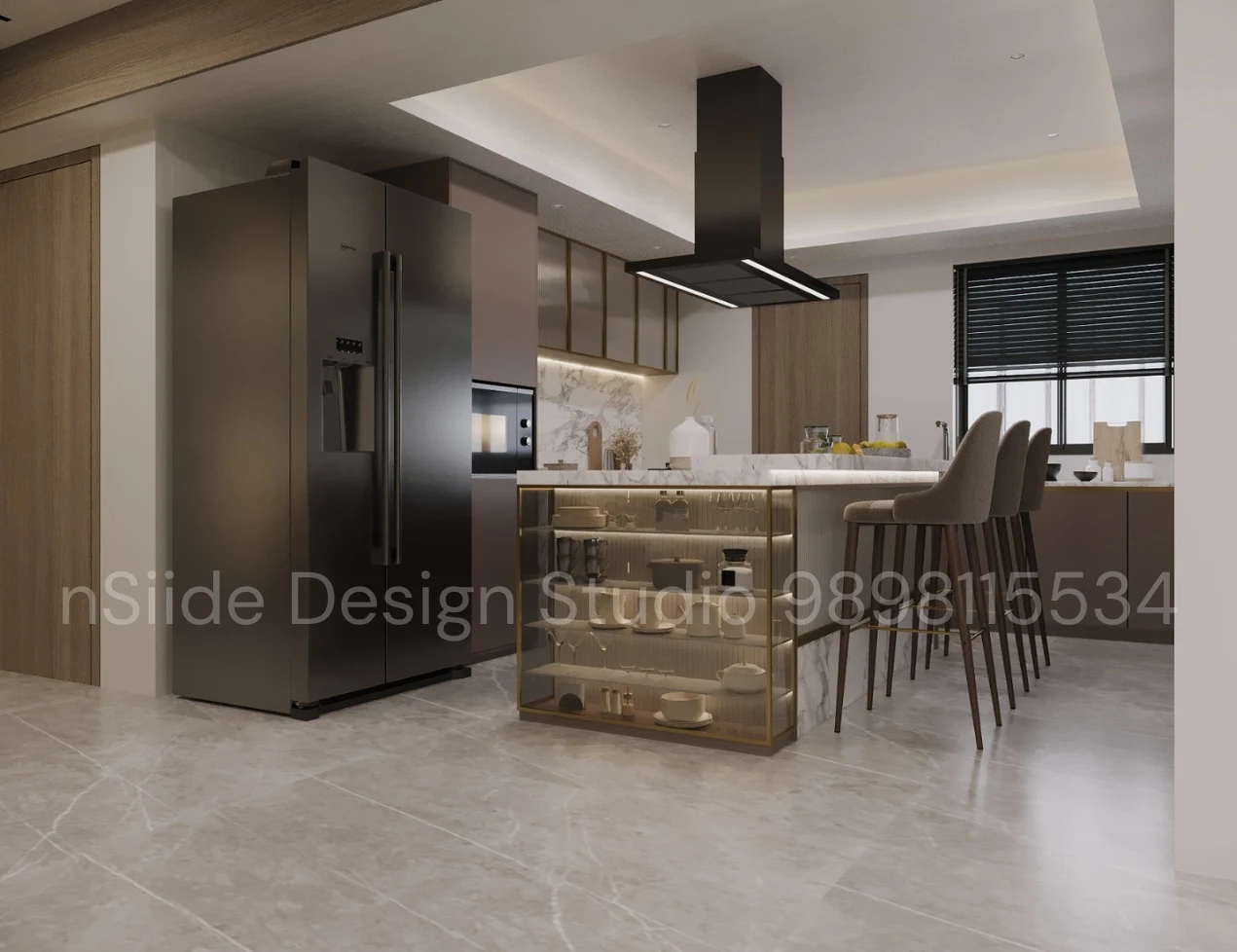 Open plan modular kitchen with breakfast counter, premium appliances, marble surfaces, sleek cabinetry, and elegant lighting design
