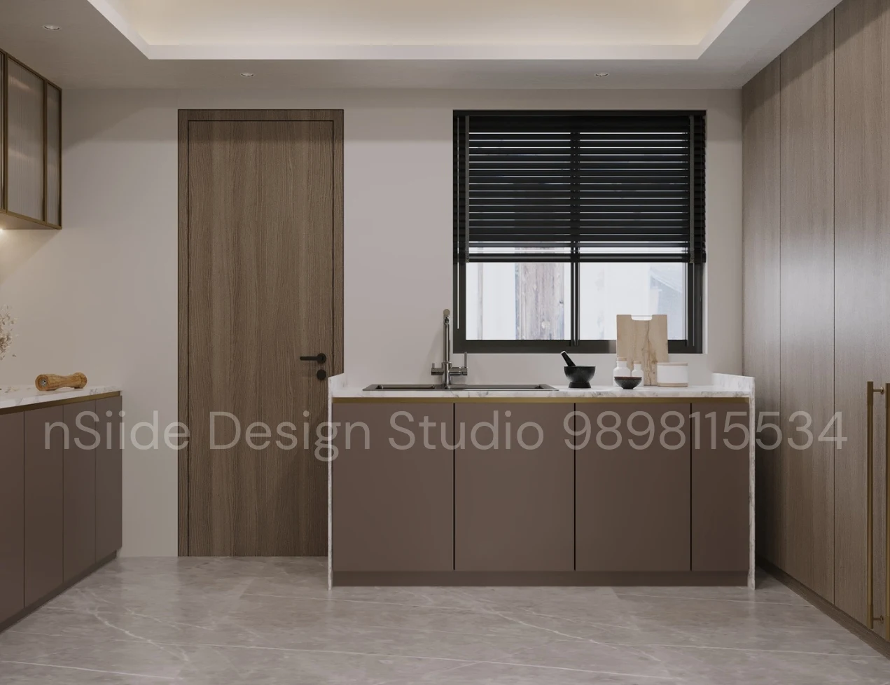 Minimal modern kitchen sink area with wooden door, black window blinds, clean cabinetry, marble countertop, and functional layout